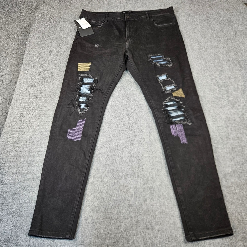 $249 Embellish Luke Rip & Repair Distressed Black Jeans Men 40 Embroidered Patch
